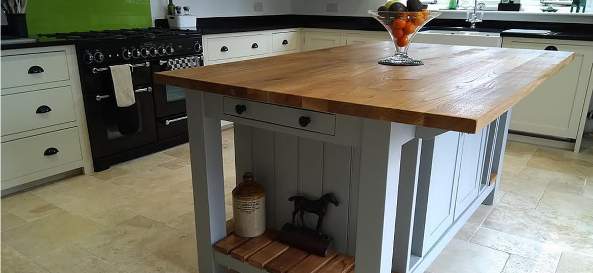 freestanding kitchen island painted in farrow & ball manor house gray eggshell paint