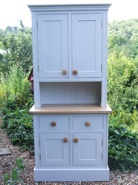 small kitchen dresser fitted with a pine worktop in farrow &amp; ball cornforth white