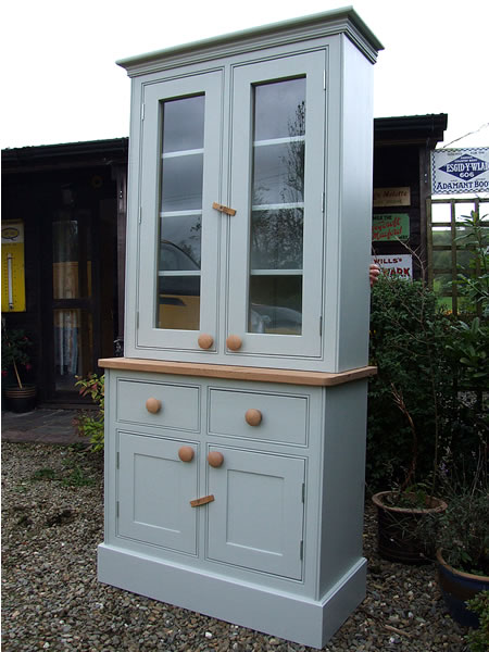 small glazed kitchen dresser painted in dulux gardenia &amp; fitted with oak knobs 