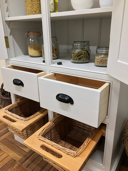 freestanding larder cupboard fitted with 2 wicker baskets &amp; 2 deep wooden drawers