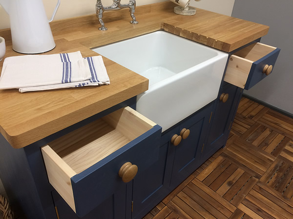 small freestanding ceramic butler sink cupboard with dovetail jointed drawers 