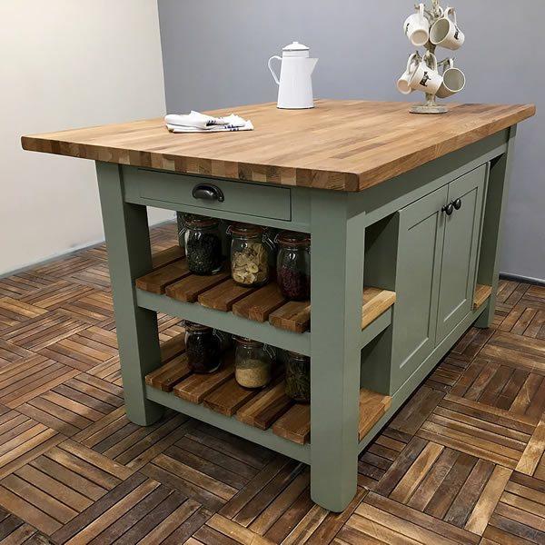 medium freestanding kitchen island with slatted oak shelves and matching worktop