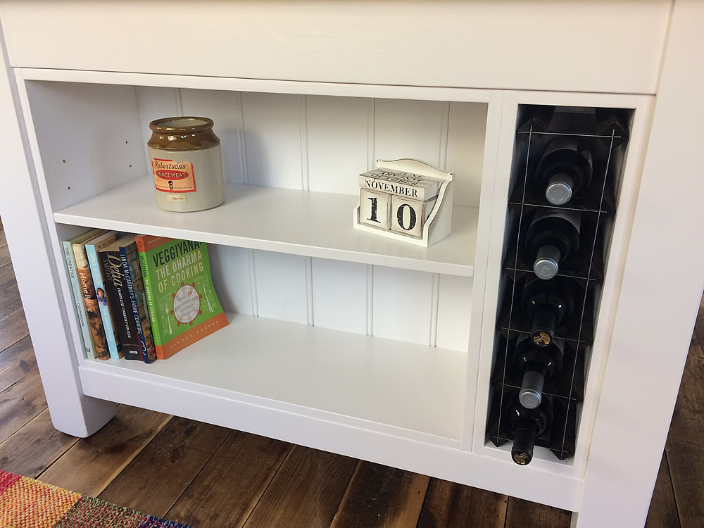 medium freestanding kitchen island with integral wine holder rack &amp; bookcase