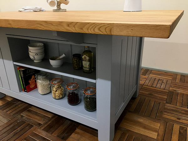 freestanding kitchen island with oak breakfast bar &amp; bookcase