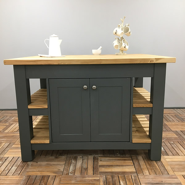 medium sized freestanding kitchen island with double slatted end shelves finished in farrow and ball downpipe estate eggshell - front view