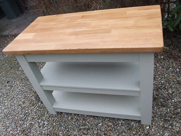 small freestanding kitchen island workstation in farrow &amp; ball french gray with oiled oak worktop