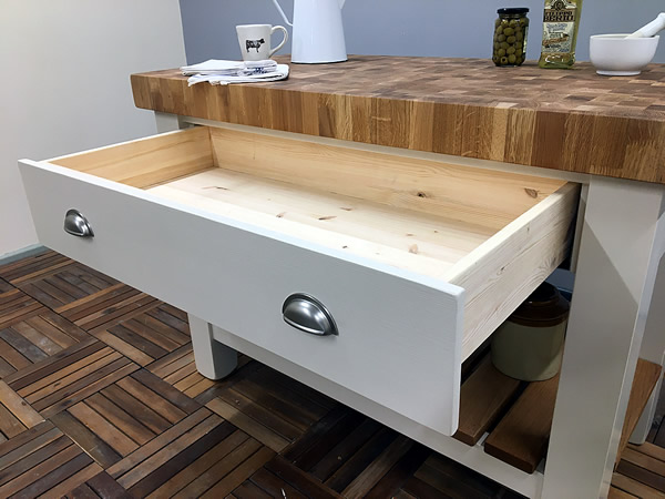 wide drawer fitted to freestanding butchers block kitchen island